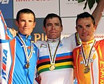Podium of the 2009 world championships: Kolobnev, Evans, Rodriguez